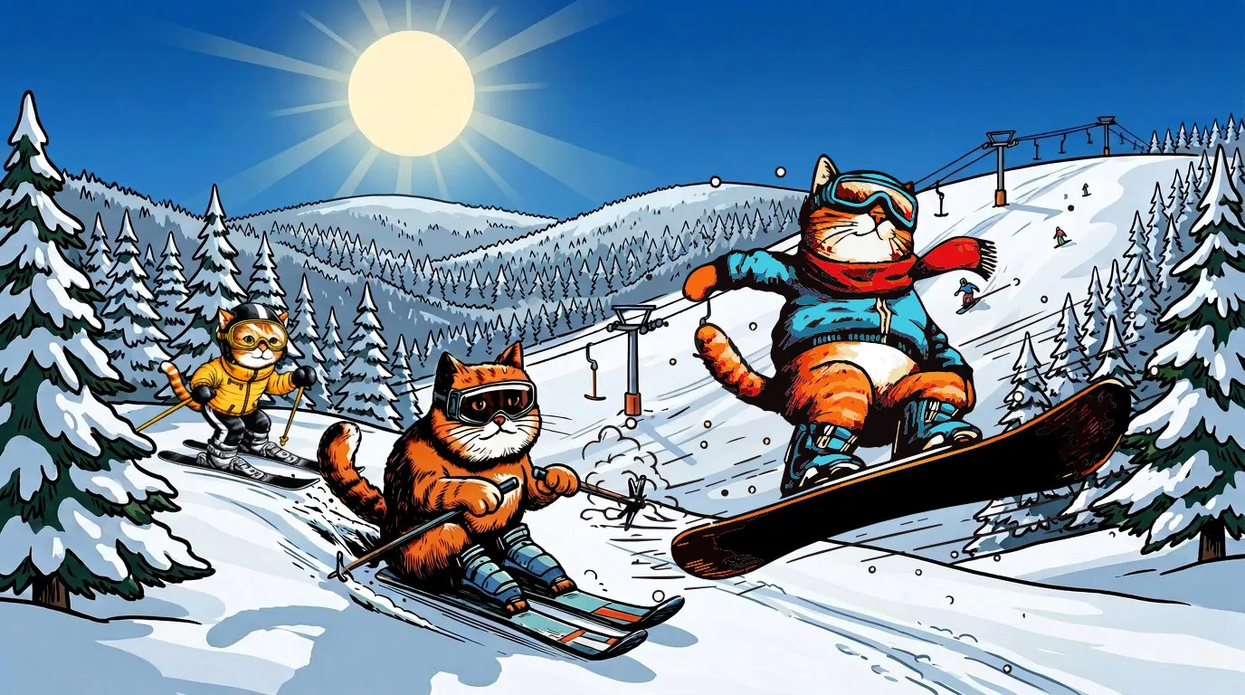 Komiksová zimní scéna Alpalouky: dvě kočky lyžaři a kocour snowboardista na zasněženém šumavském svahu s vlekem v pozadí
