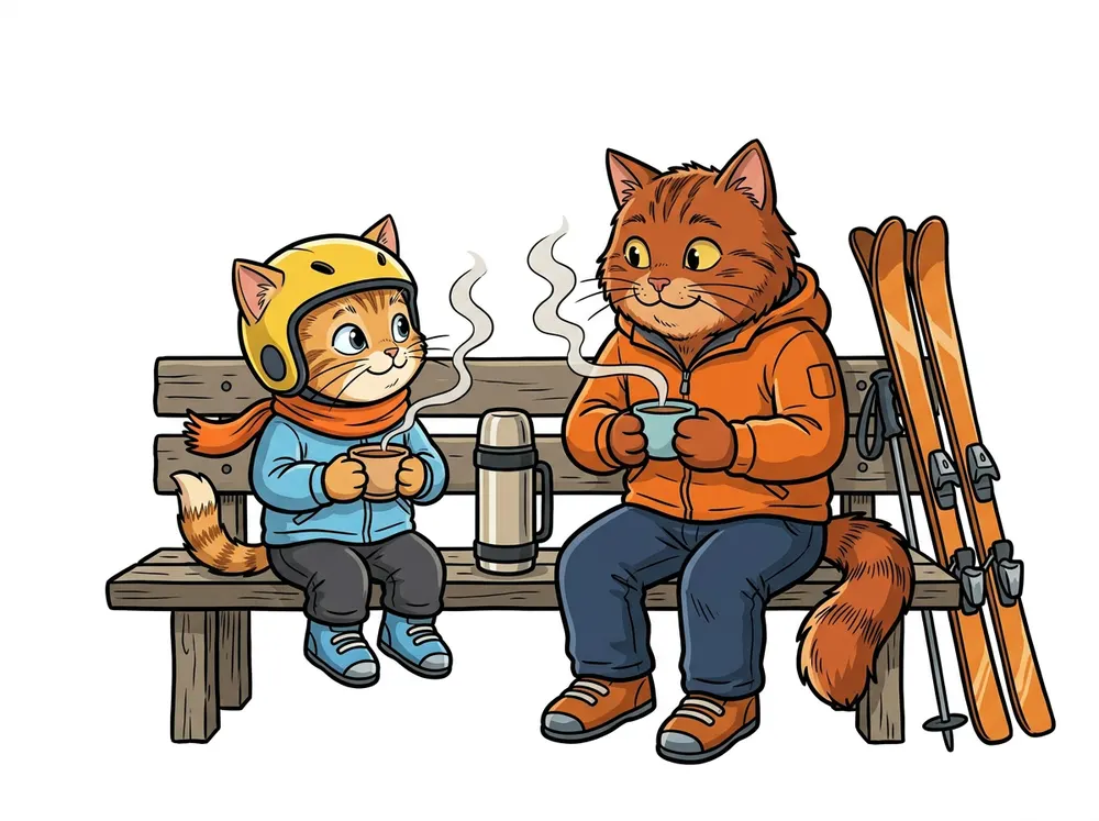 Kotě a kocour sedí na lavičce a pijí čaj z termosky